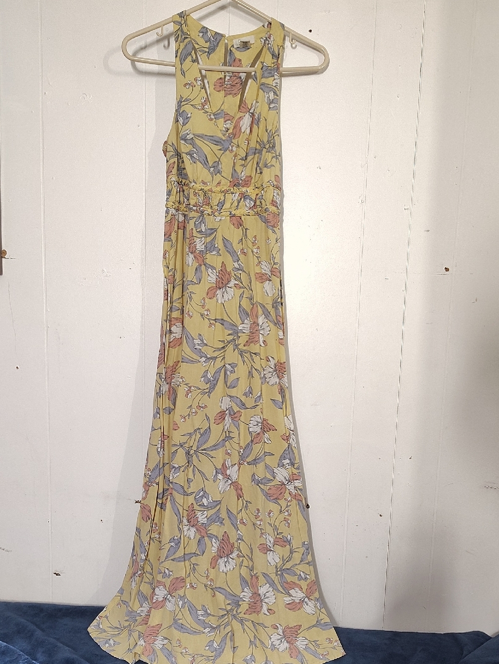 Floral Yellow Maxi Dress, Button Up Back